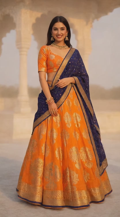 Banarasi Jacquard Silk Bridal Lehenga | Orange | Heritage Weave & Zari Work | Fully Stitched Bridal & Wedding Wear | M to XXL