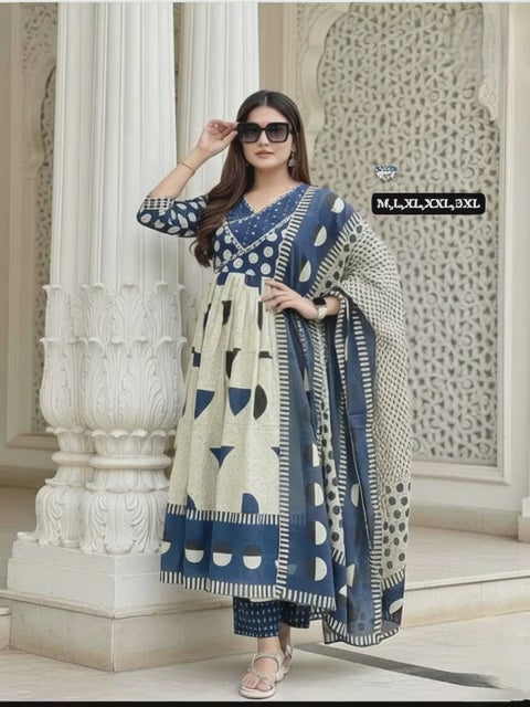 Premium Cotton Anarkali Kurti Set with Sequence Embroidery & Malmal Dupatta | 3-Piece Ethnic Wear for Women | 3 Colour Options | M to 3XL