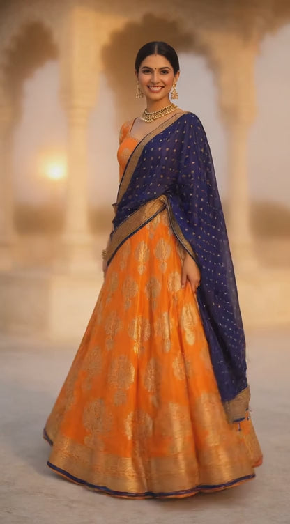 Banarasi Jacquard Silk Bridal Lehenga | Orange | Heritage Weave & Zari Work | Fully Stitched Bridal & Wedding Wear | M to XXL
