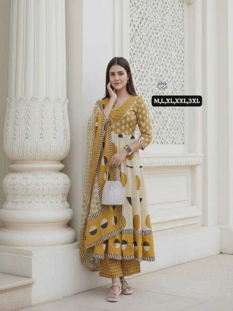 Premium Cotton Anarkali Kurti Set with Sequence Embroidery & Malmal Dupatta | 3-Piece Ethnic Wear for Women | 3 Colour Options | M to 3XL