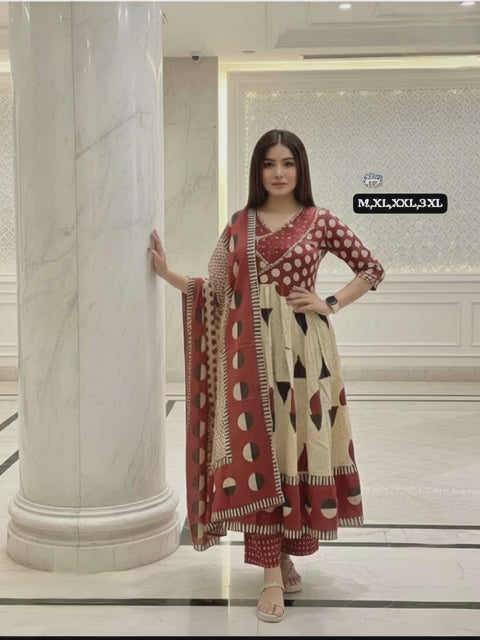 Premium Cotton Anarkali Kurti Set with Sequence Embroidery & Malmal Dupatta | 3-Piece Ethnic Wear for Women | 3 Colour Options | M to 3XL
