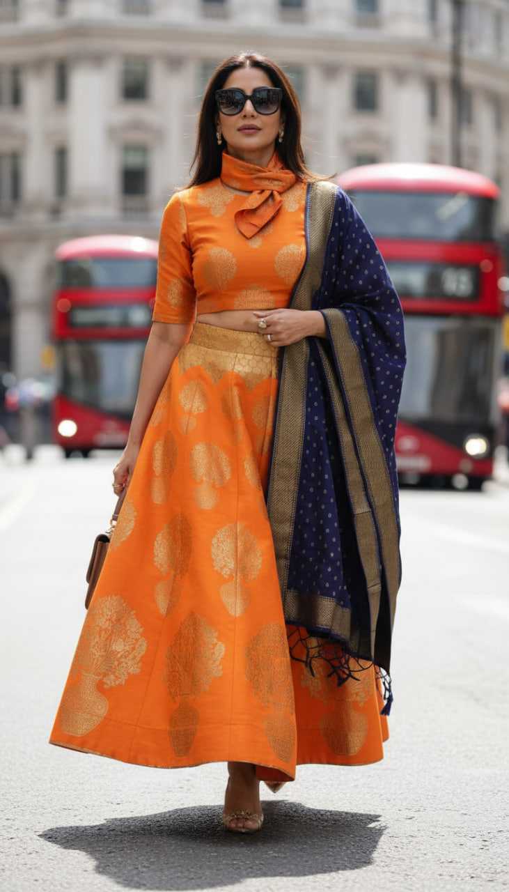 Banarasi Jacquard Silk Bridal Lehenga | Orange | Heritage Weave & Zari Work | Fully Stitched Bridal & Wedding Wear | M to XXL
