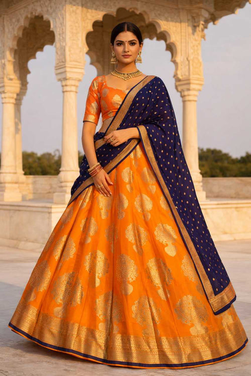 Banarasi Jacquard Silk Bridal Lehenga | Orange | Heritage Weave & Zari Work | Fully Stitched Bridal & Wedding Wear | M to XXL