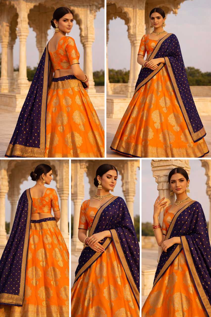 Banarasi Jacquard Silk Bridal Lehenga | Orange | Heritage Weave & Zari Work | Fully Stitched Bridal & Wedding Wear | M to XXL