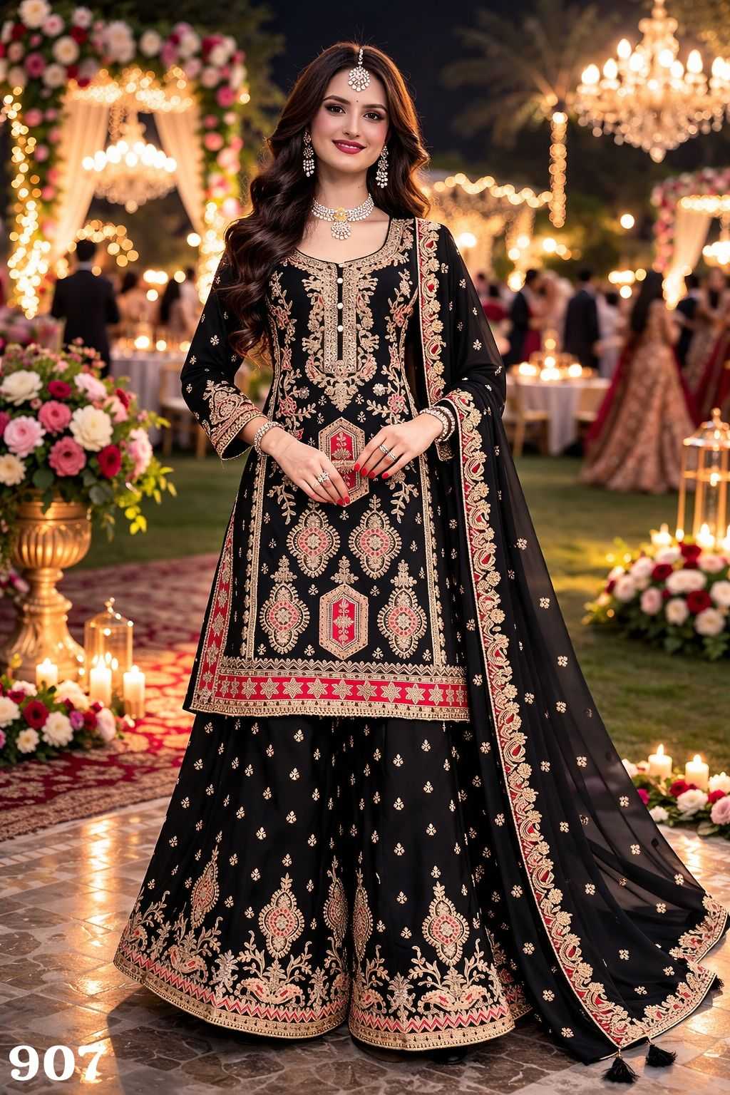 Chinon Silk Embroidery Wedding Palazzo Suit | 3-Piece Fully Stitched Bridal Ethnic Wear | M to XXL