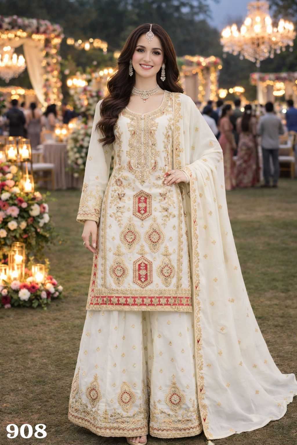 Chinon Silk Embroidery Wedding Palazzo Suit | 3-Piece Fully Stitched Bridal Ethnic Wear | M to XXL