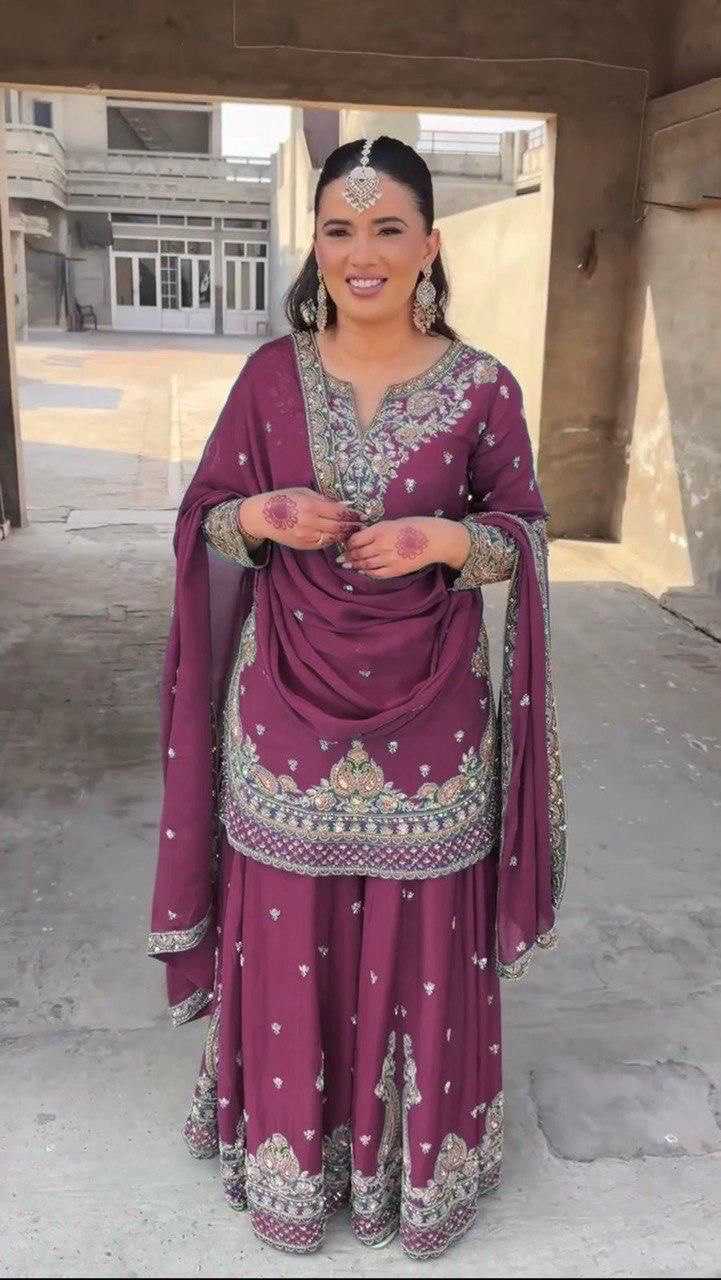 Embroidery Chinon  Sharara Salwar Suits