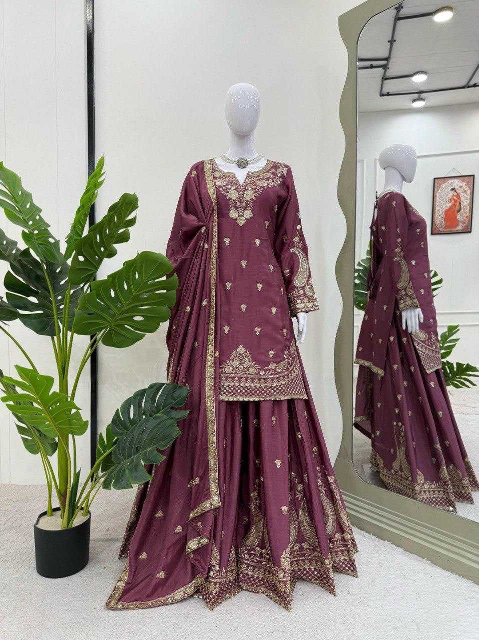 Embroidery Chinon  Sharara Salwar Suits