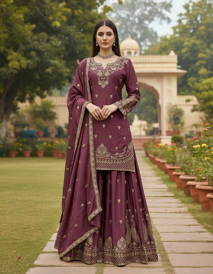 Embroidery Chinon  Sharara Salwar Suits