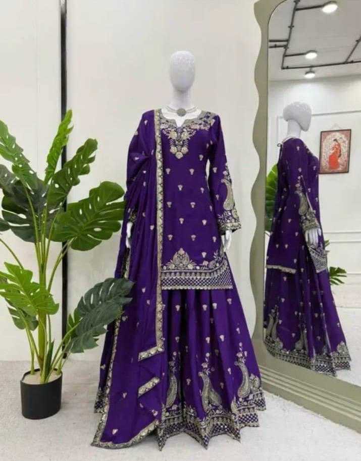 Embroidery Chinon  Sharara Salwar Suits