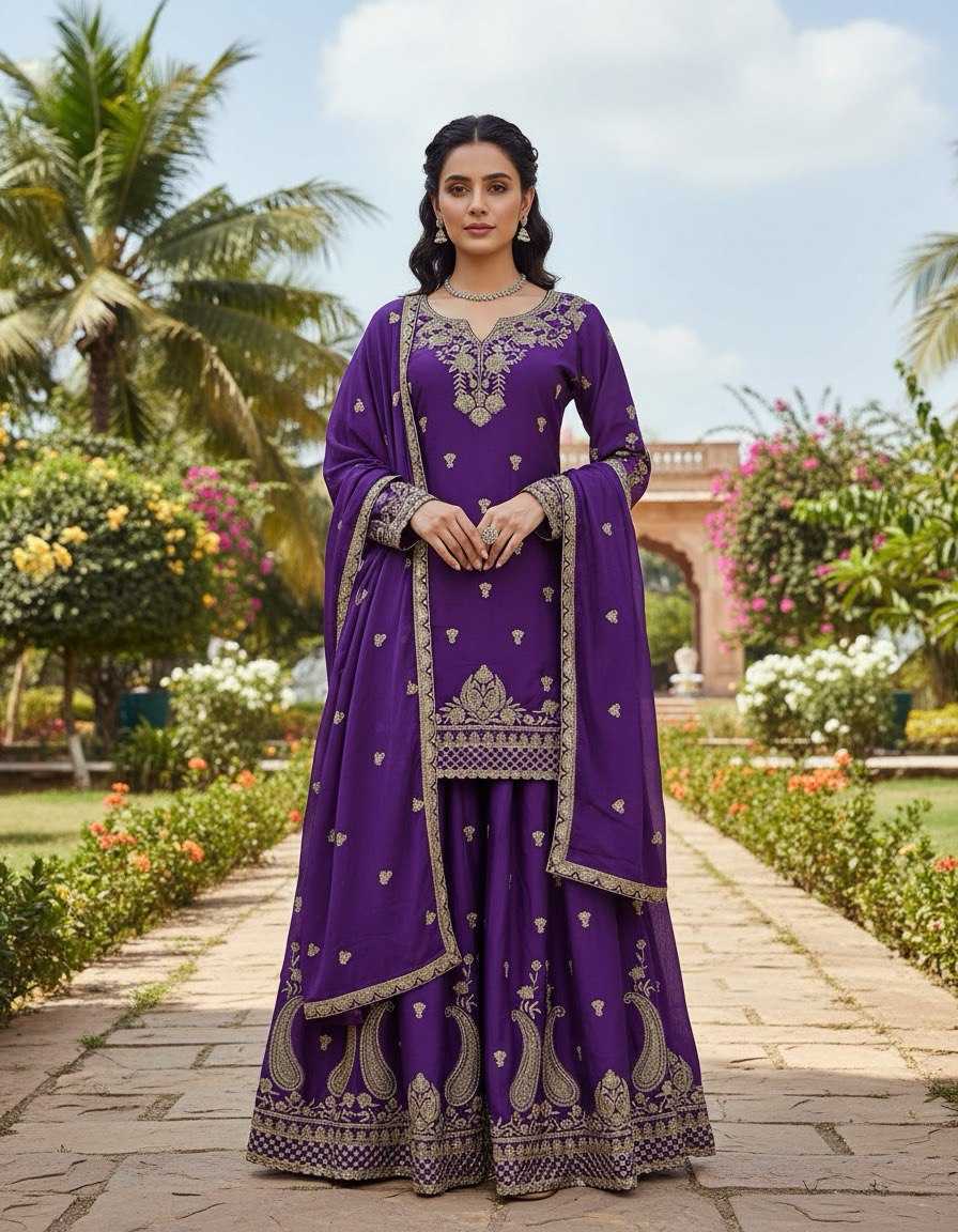 Embroidery Chinon  Sharara Salwar Suits
