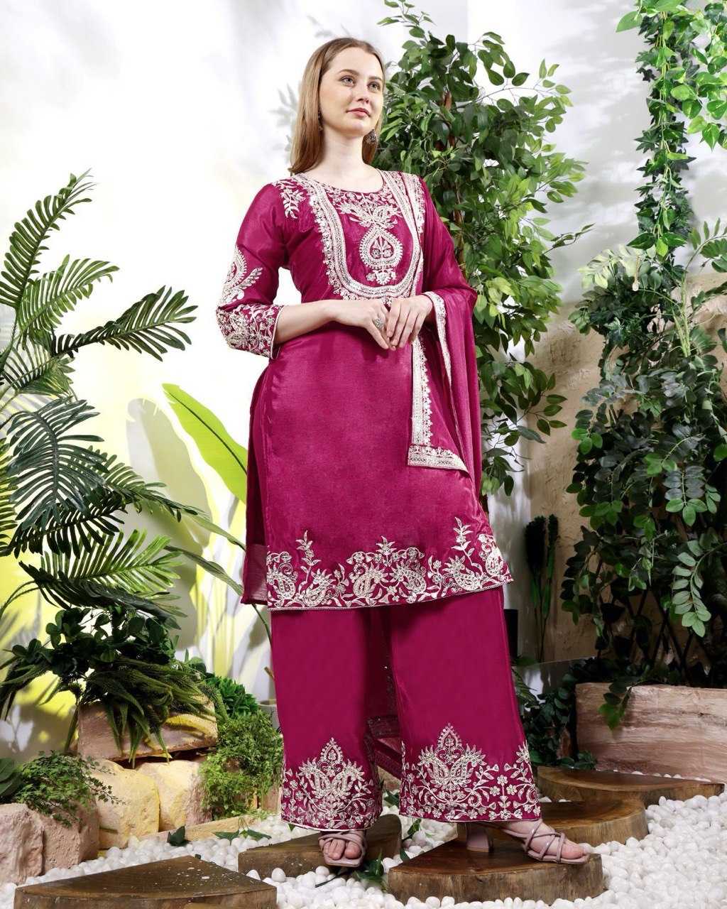 Embroidery  Chinon Silk Sharara Salwar Suits