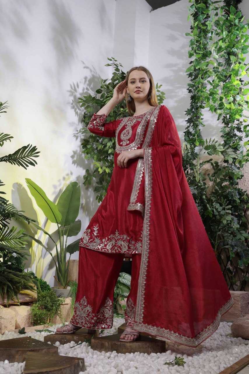 Embroidery  Chinon Silk Sharara Salwar Suits