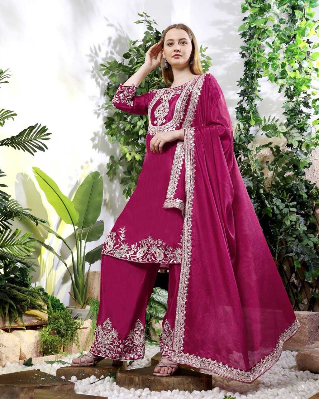 Embroidery  Chinon Silk Sharara Salwar Suits