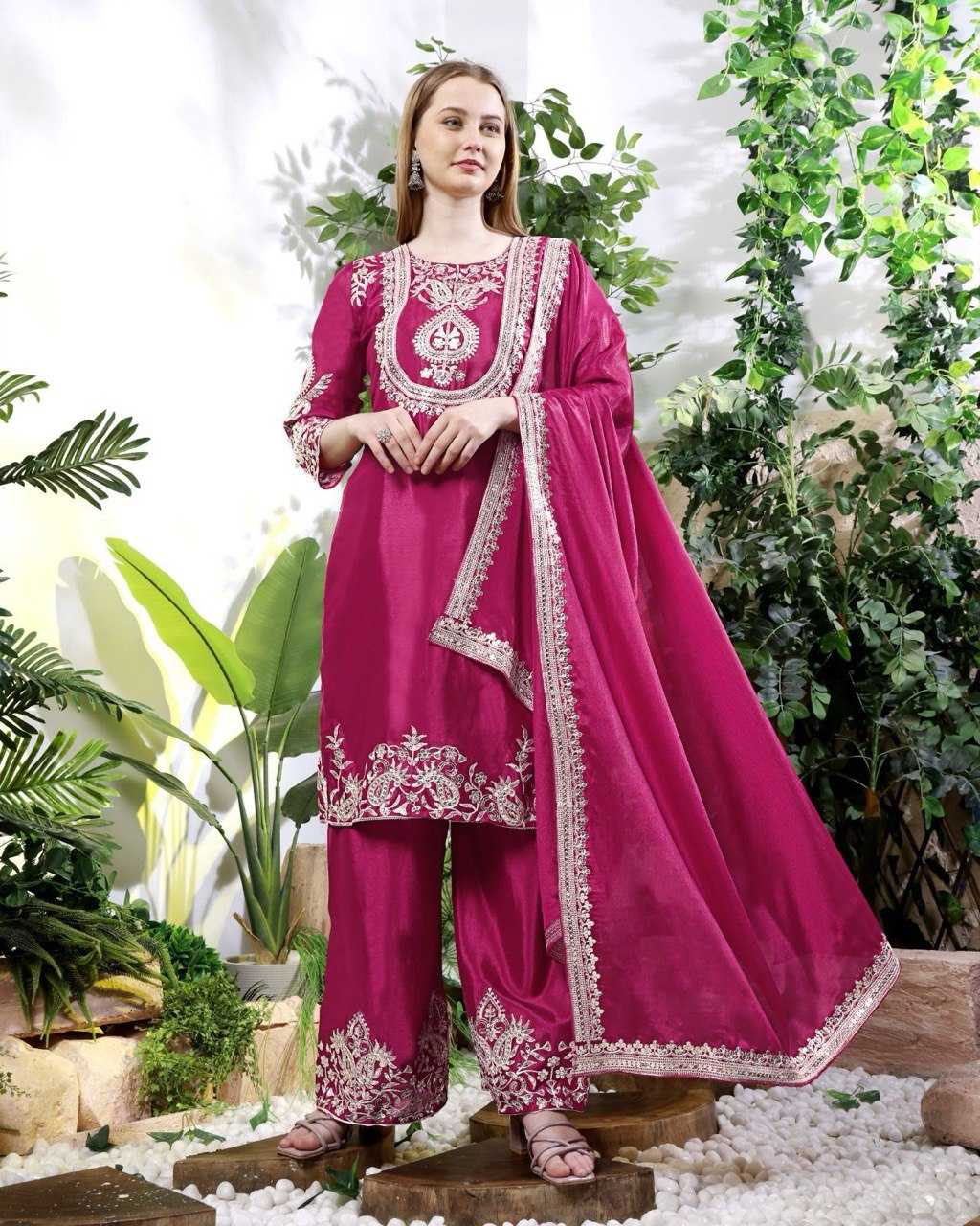 Embroidery  Chinon Silk Sharara Salwar Suits