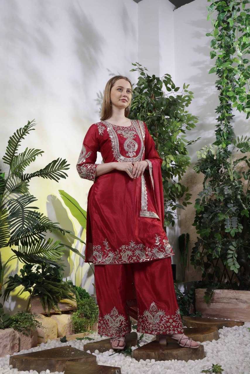 Embroidery  Chinon Silk Sharara Salwar Suits