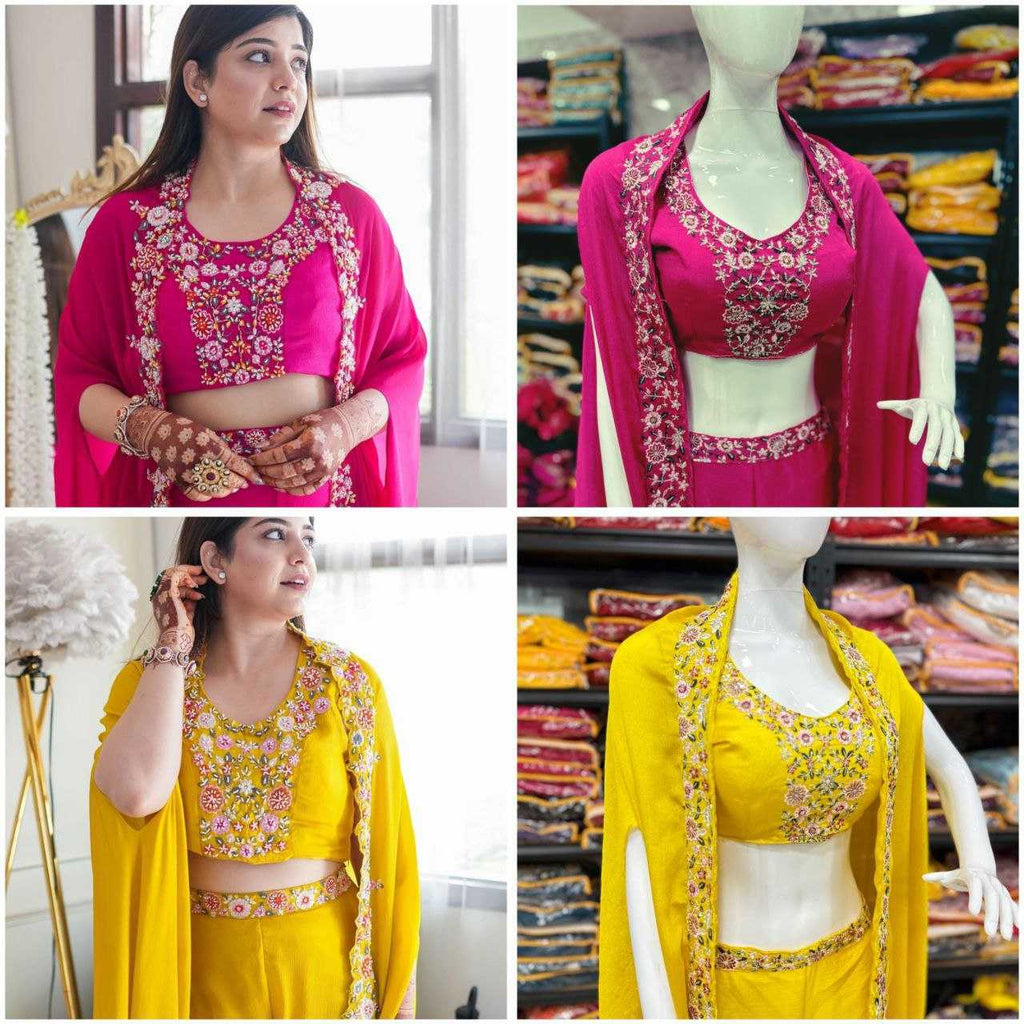Chinon Silk Sharara Suit | Embroidered 3-Piece Wedding Set | Sangeet & Reception Wear | Sizes S–XL