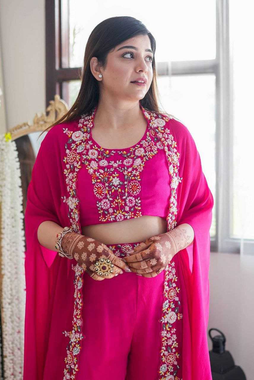 Chinon Silk Sharara Suit | Embroidered 3-Piece Wedding Set | Sangeet & Reception Wear | Sizes S–XL