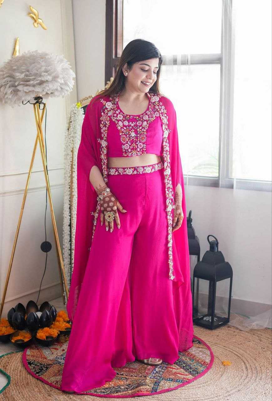 Chinon Silk Sharara Suit | Embroidered 3-Piece Wedding Set | Sangeet & Reception Wear | Sizes S–XL