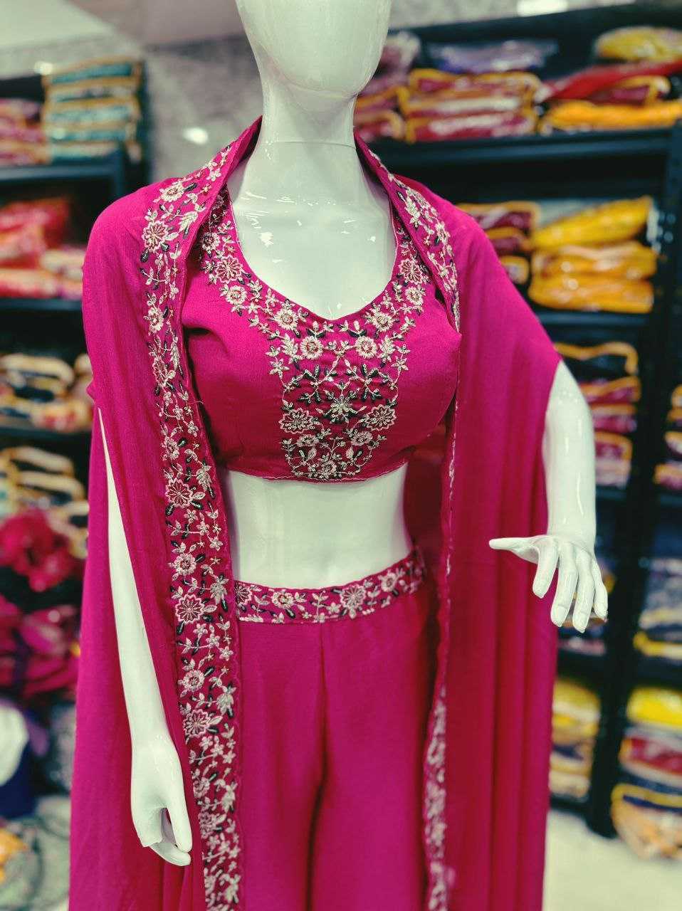 Chinon Silk Sharara Suit | Embroidered 3-Piece Wedding Set | Sangeet & Reception Wear | Sizes S–XL