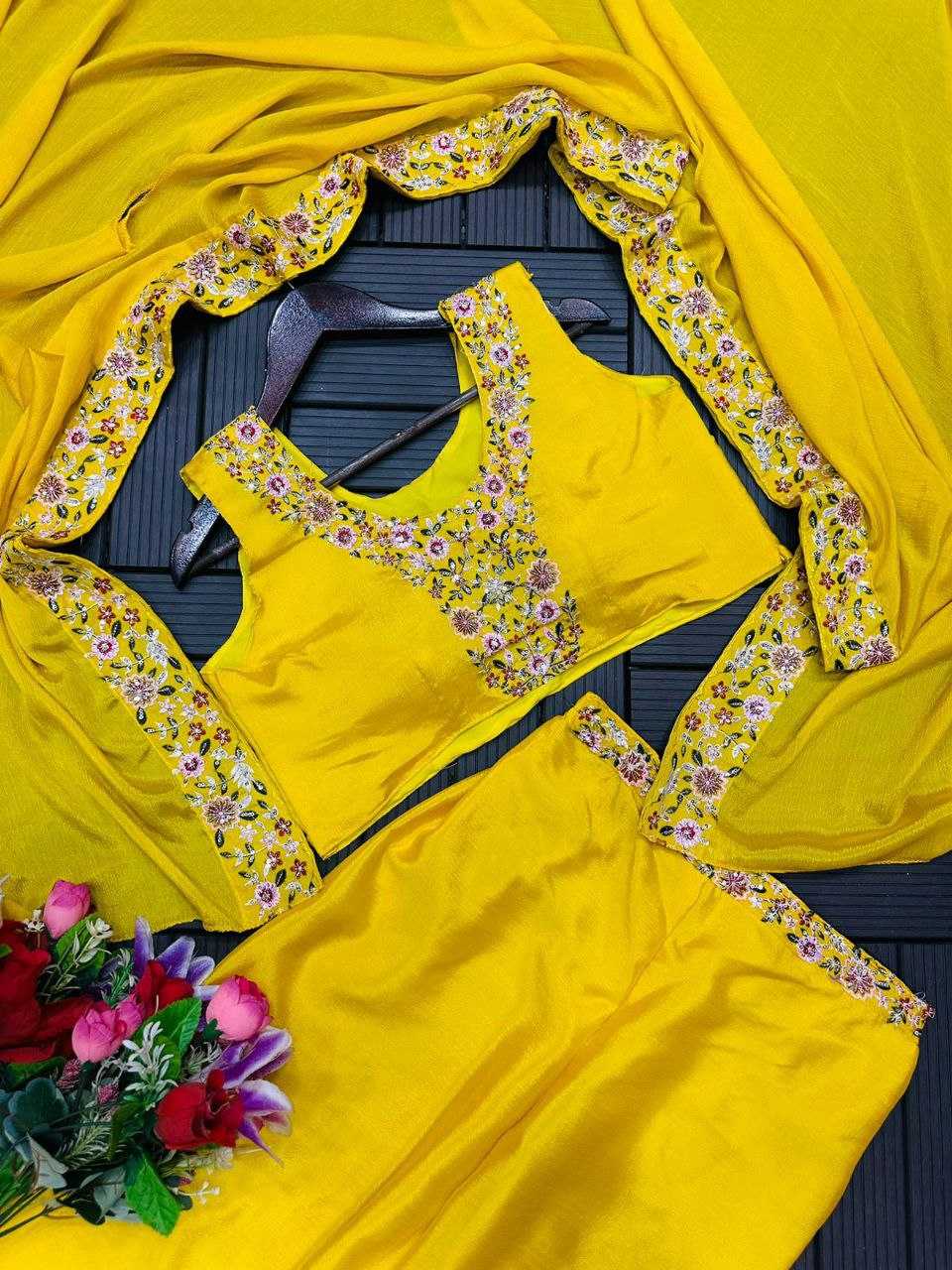 Chinon Silk Sharara Suit | Embroidered 3-Piece Wedding Set | Sangeet & Reception Wear | Sizes S–XL