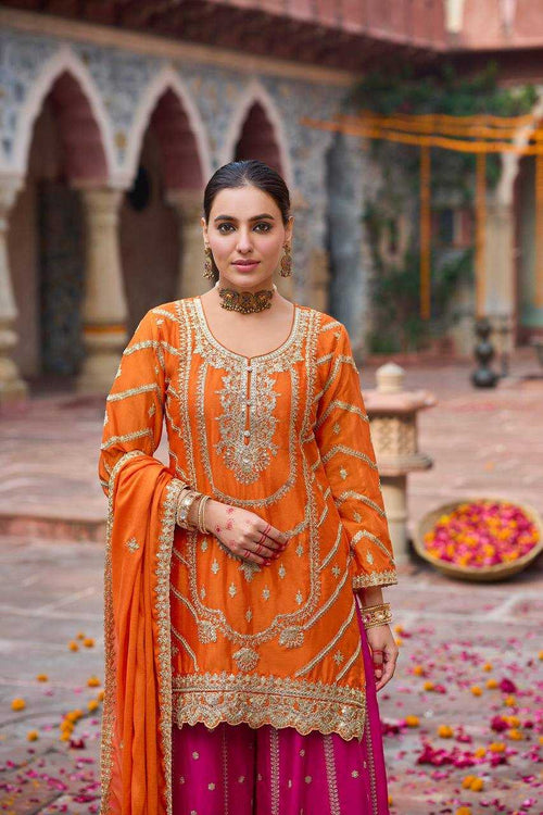 Chinon Silk  Embroidery Sharara Salwar Suits