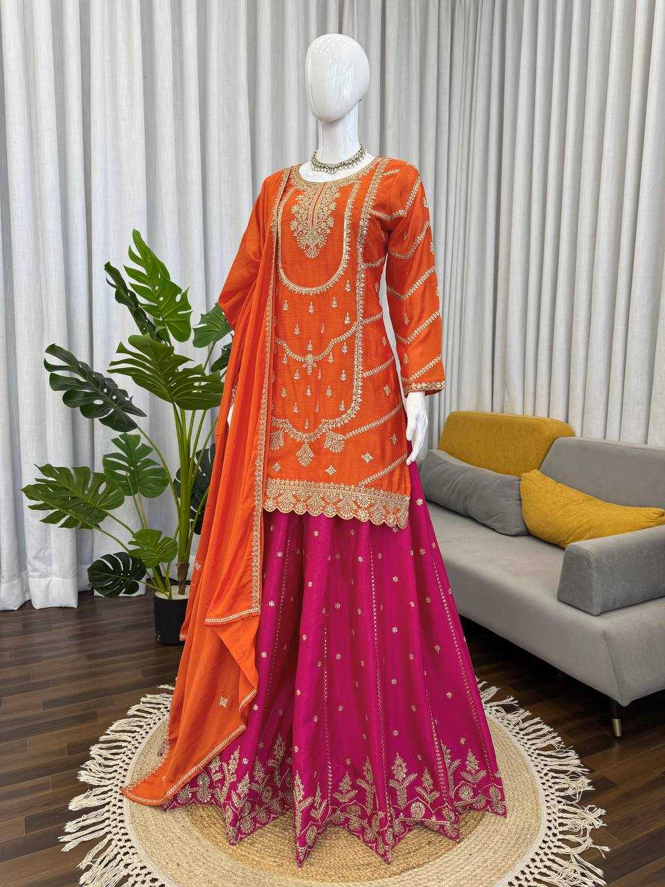 Chinon Silk  Embroidery Sharara Salwar Suits