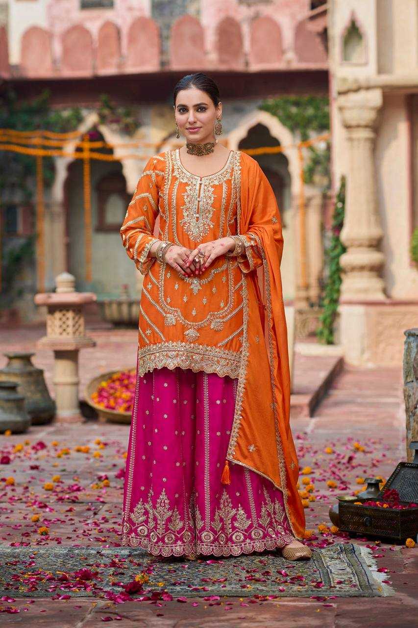 Chinon Silk  Embroidery Sharara Salwar Suits