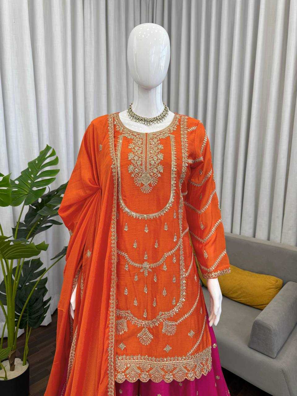 Chinon Silk  Embroidery Sharara Salwar Suits
