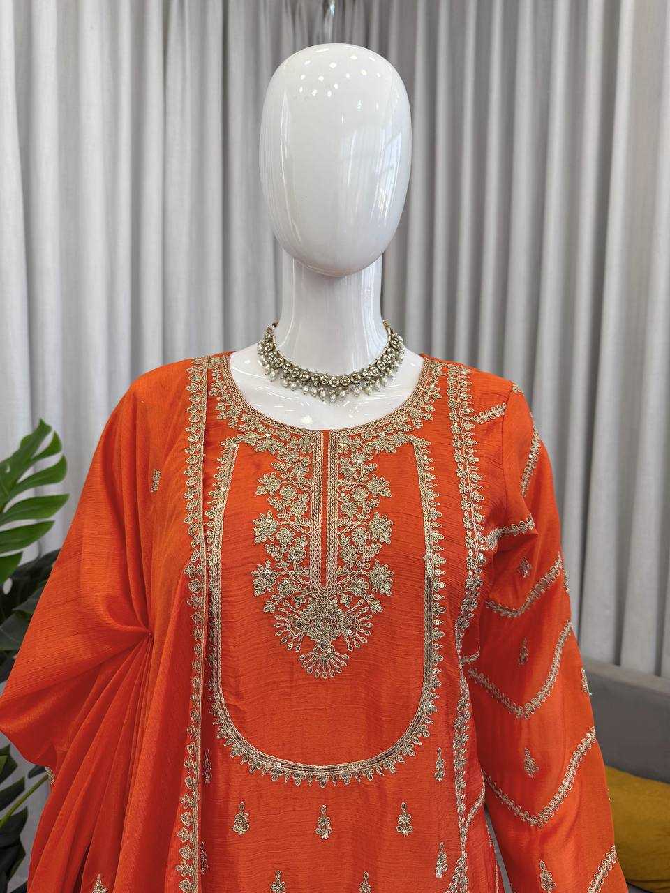Chinon Silk  Embroidery Sharara Salwar Suits