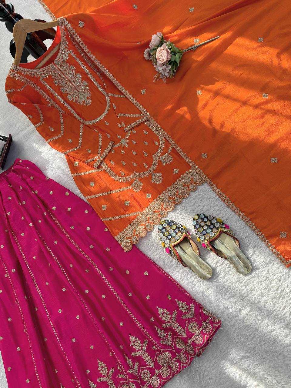 Chinon Silk  Embroidery Sharara Salwar Suits