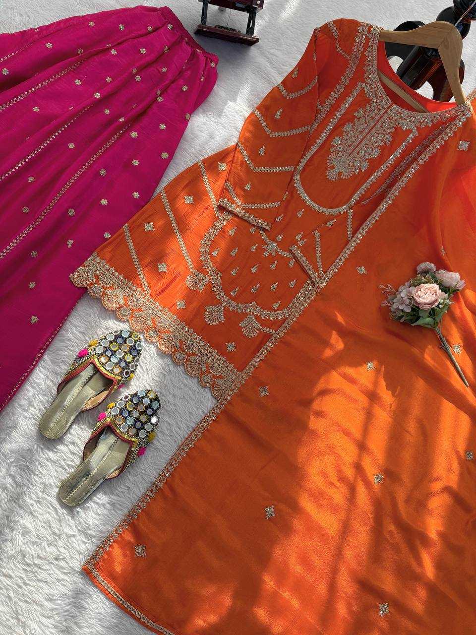Chinon Silk  Embroidery Sharara Salwar Suits
