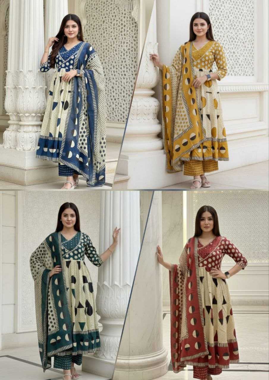 Premium Cotton Anarkali Kurti Set with Sequence Embroidery & Malmal Dupatta | 3-Piece Ethnic Wear for Women | 3 Colour Options | M to 3XL