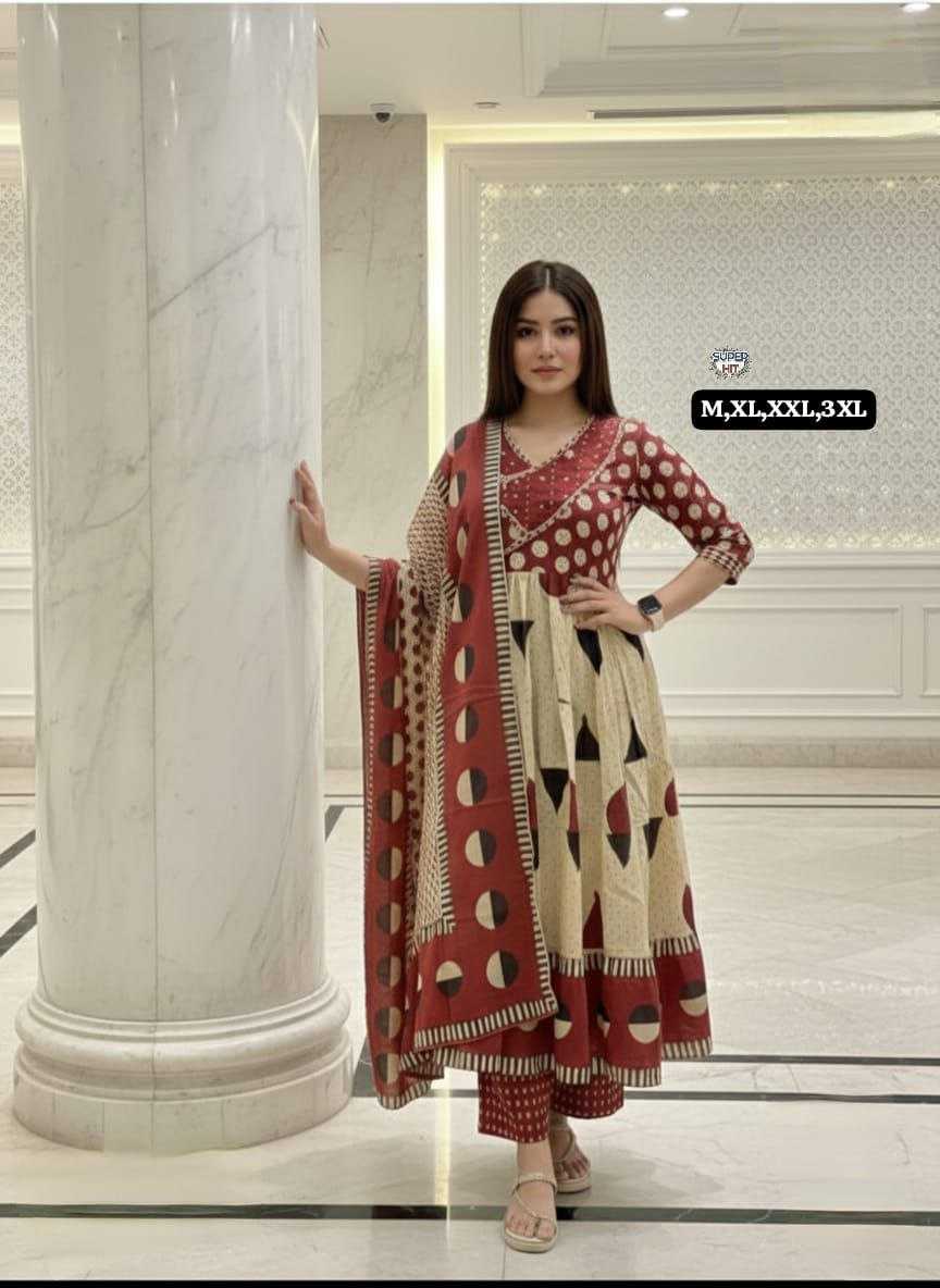 Premium Cotton Anarkali Kurti Set with Sequence Embroidery & Malmal Dupatta | 3-Piece Ethnic Wear for Women | 3 Colour Options | M to 3XL