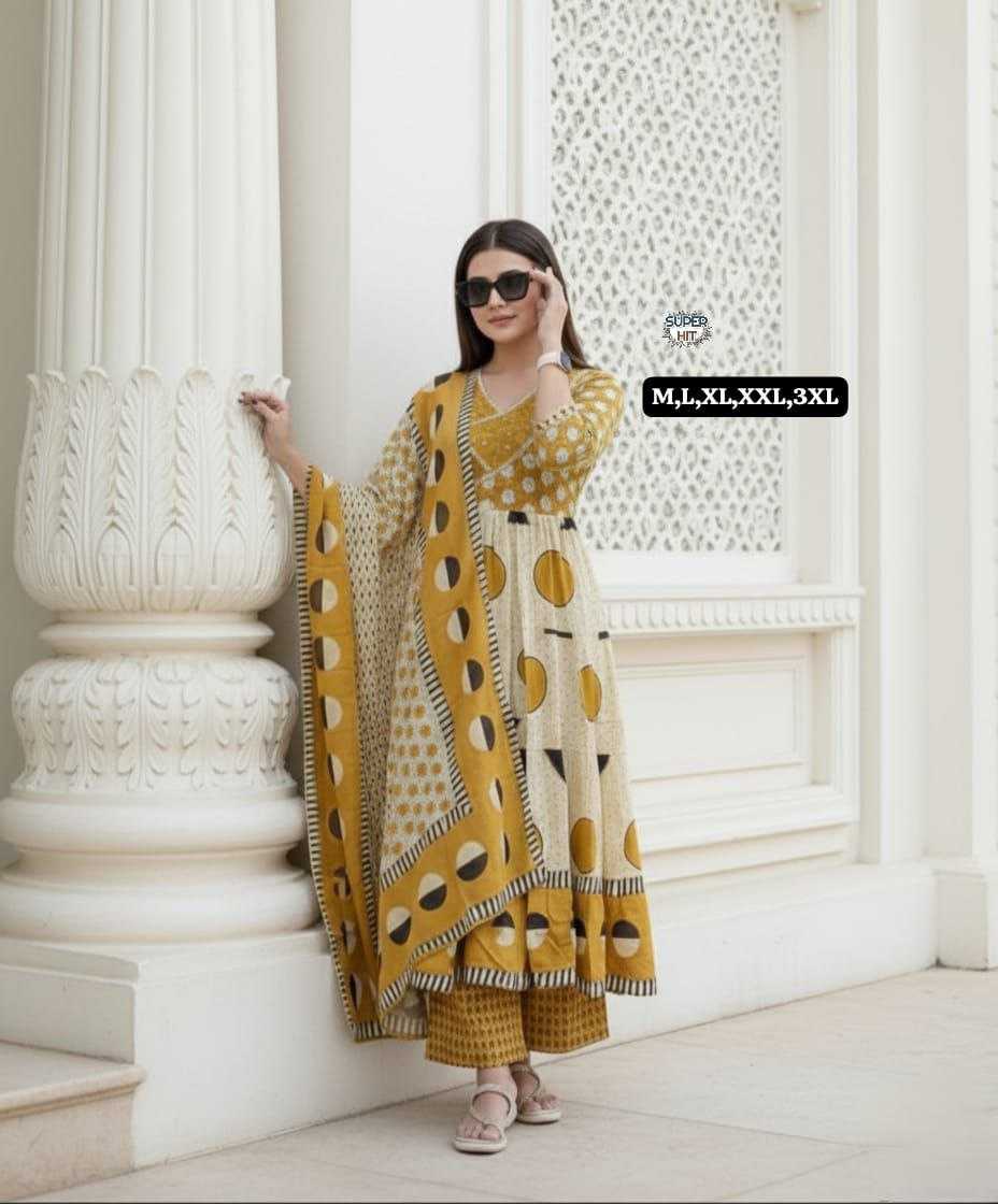 Premium Cotton Anarkali Kurti Set with Sequence Embroidery & Malmal Dupatta | 3-Piece Ethnic Wear for Women | 3 Colour Options | M to 3XL