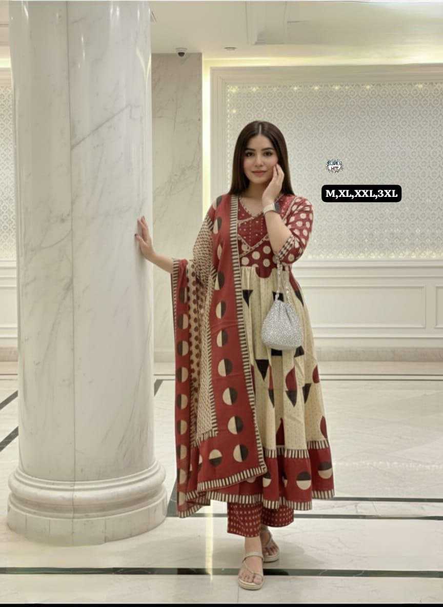 Premium Cotton Anarkali Kurti Set with Sequence Embroidery & Malmal Dupatta | 3-Piece Ethnic Wear for Women | 3 Colour Options | M to 3XL