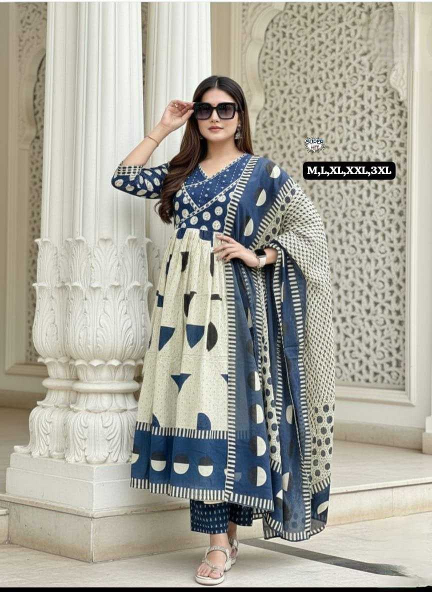 Premium Cotton Anarkali Kurti Set with Sequence Embroidery & Malmal Dupatta | 3-Piece Ethnic Wear for Women | 3 Colour Options | M to 3XL