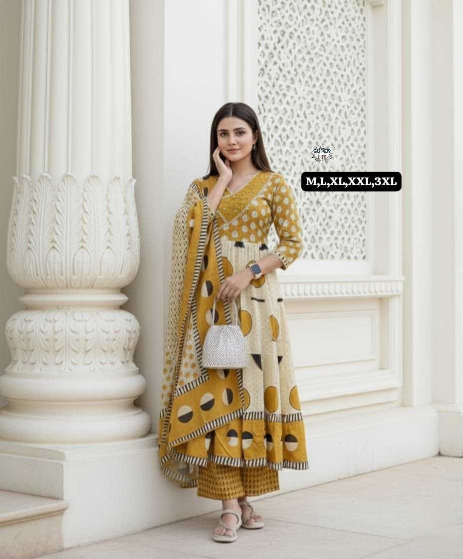 Premium Cotton Anarkali Kurti Set with Sequence Embroidery & Malmal Dupatta | 3-Piece Ethnic Wear for Women | 3 Colour Options | M to 3XL