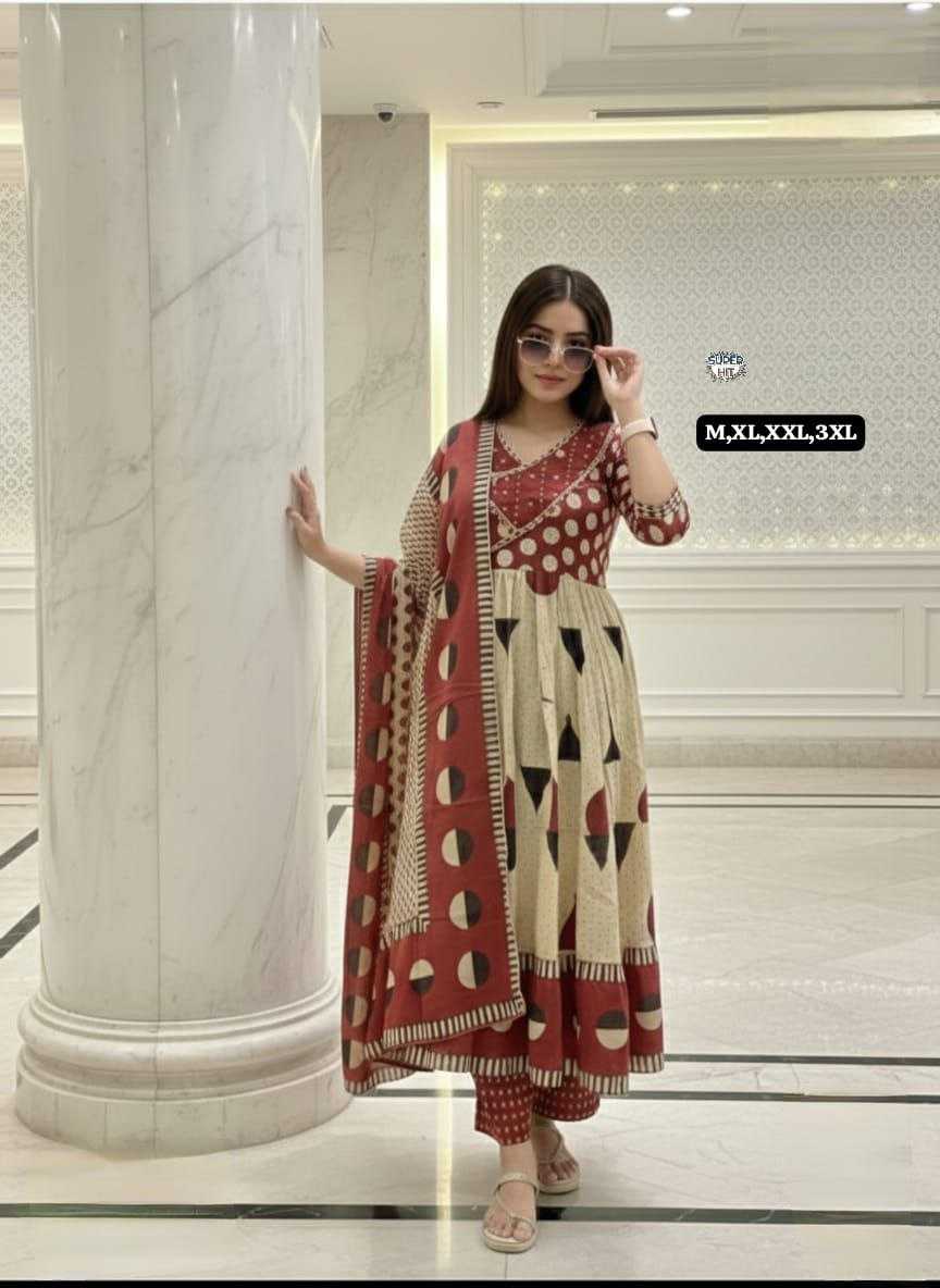 Premium Cotton Anarkali Kurti Set with Sequence Embroidery & Malmal Dupatta | 3-Piece Ethnic Wear for Women | 3 Colour Options | M to 3XL