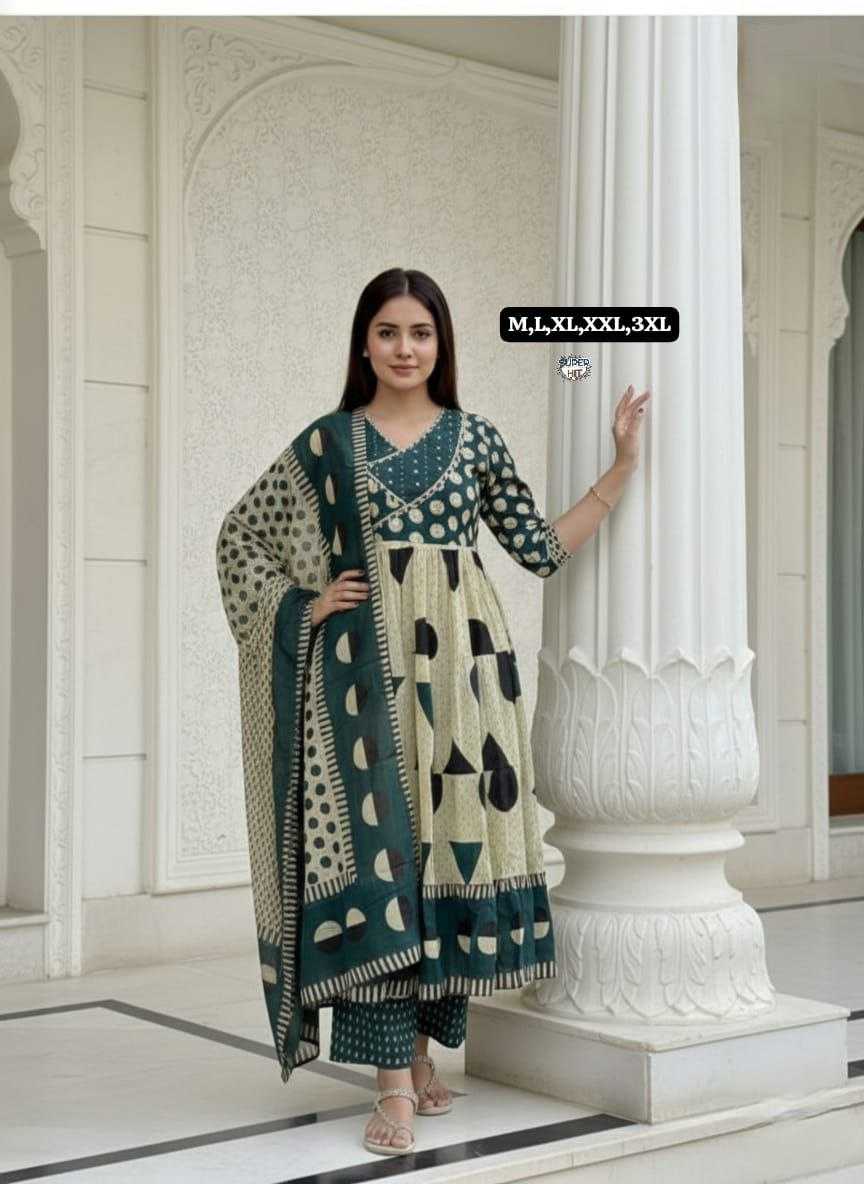 Premium Cotton Anarkali Kurti Set with Sequence Embroidery & Malmal Dupatta | 3-Piece Ethnic Wear for Women | 3 Colour Options | M to 3XL