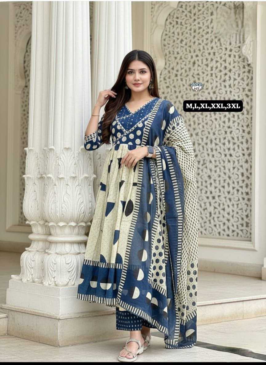 Premium Cotton Anarkali Kurti Set with Sequence Embroidery & Malmal Dupatta | 3-Piece Ethnic Wear for Women | 3 Colour Options | M to 3XL