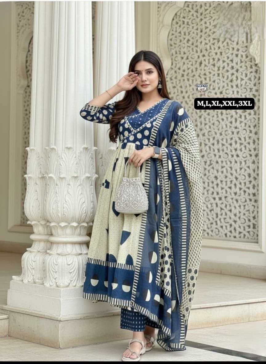 Premium Cotton Anarkali Kurti Set with Sequence Embroidery & Malmal Dupatta | 3-Piece Ethnic Wear for Women | 3 Colour Options | M to 3XL