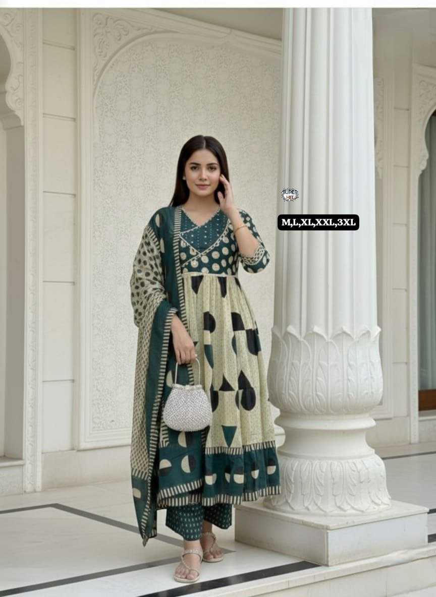 Premium Cotton Anarkali Kurti Set with Sequence Embroidery & Malmal Dupatta | 3-Piece Ethnic Wear for Women | 3 Colour Options | M to 3XL