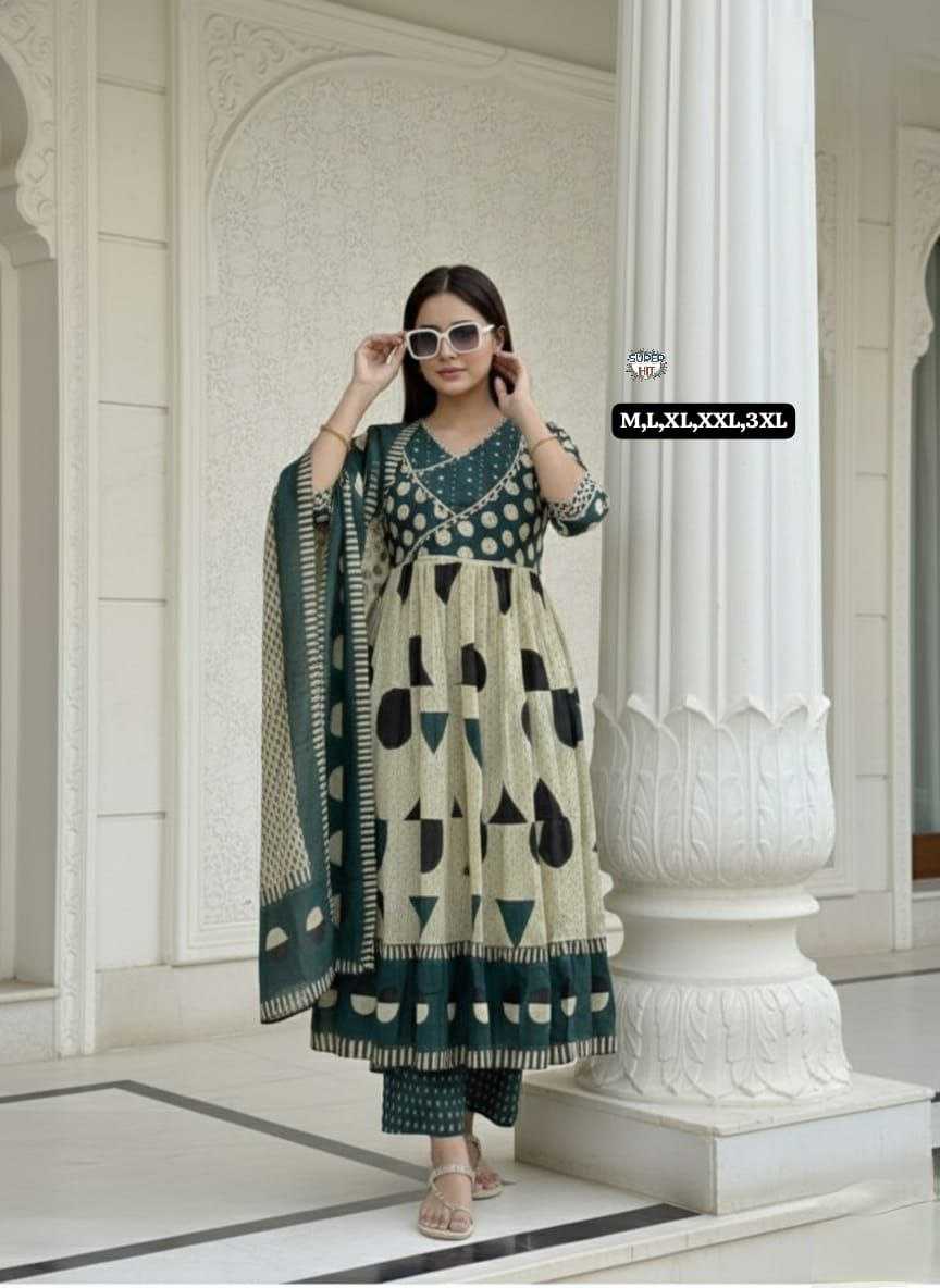 Premium Cotton Anarkali Kurti Set with Sequence Embroidery & Malmal Dupatta | 3-Piece Ethnic Wear for Women | 3 Colour Options | M to 3XL