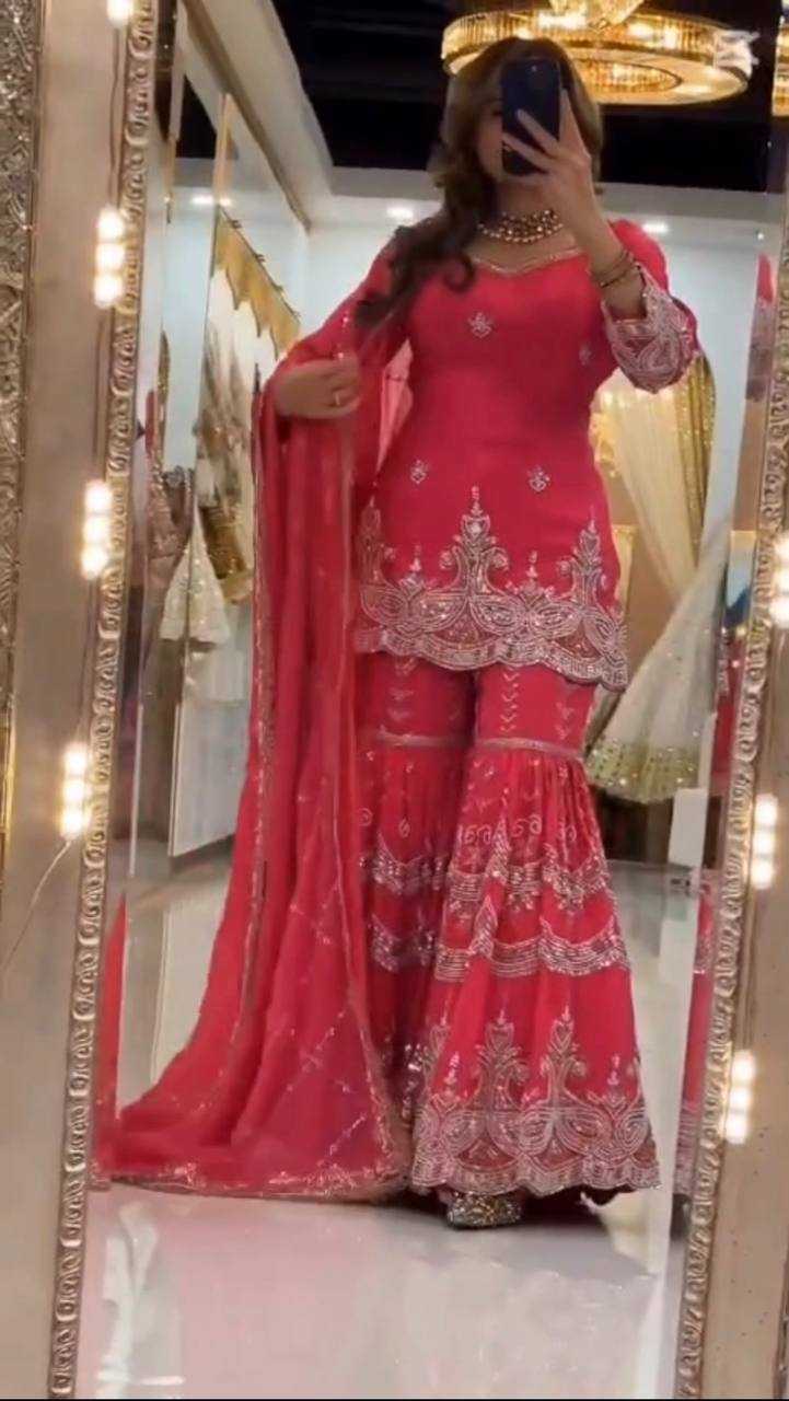 Faux Georgette  Embroidery  Palazzo Suits