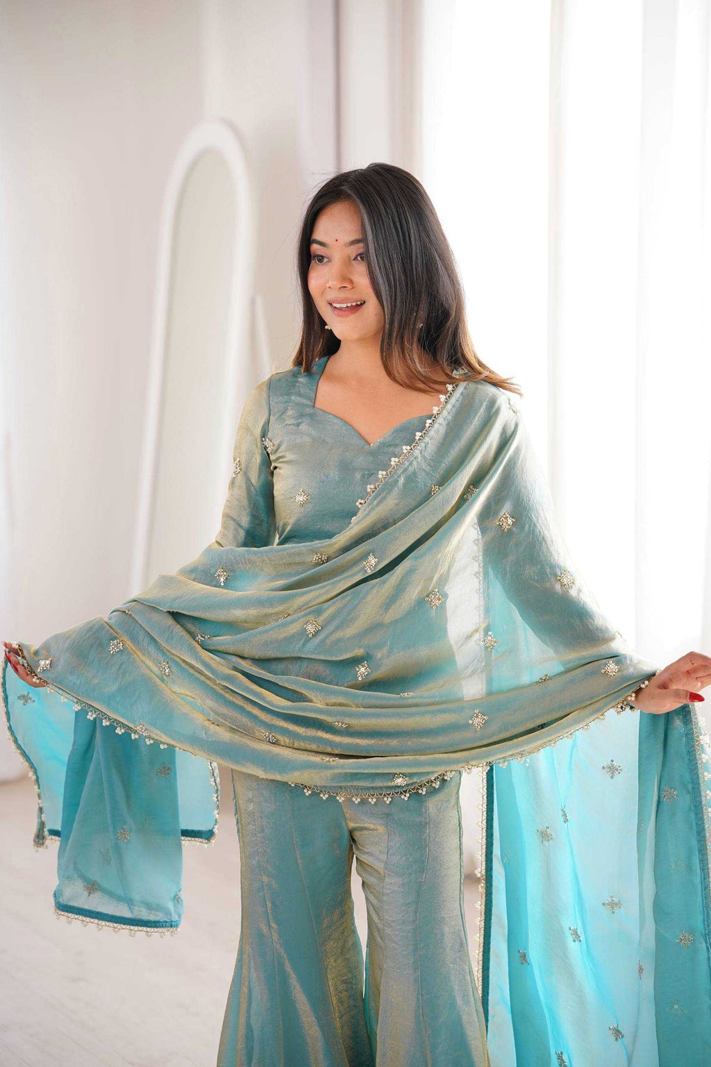 Fendy Silk Heavy Embroidery Designer Palazzo Suit | Real Thread Work & Micro Cotton Lining | 3-Piece Fully Stitched Ethnic Wear | M to XXL