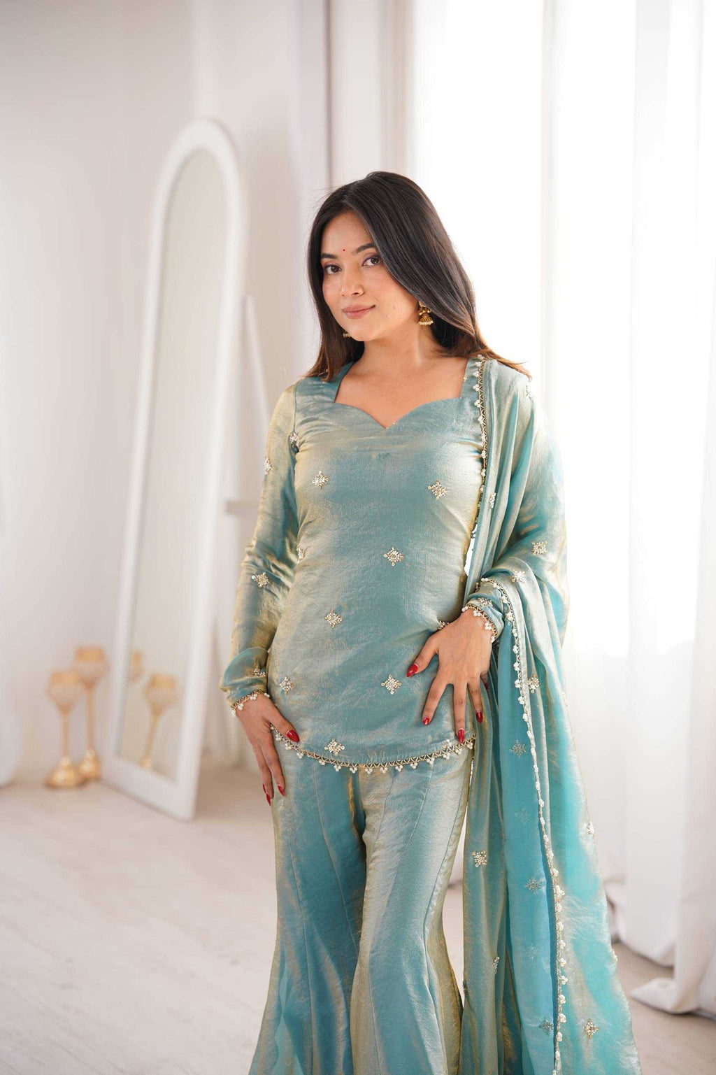 Fendy Silk Heavy Embroidery Designer Palazzo Suit | Real Thread Work & Micro Cotton Lining | 3-Piece Fully Stitched Ethnic Wear | M to XXL