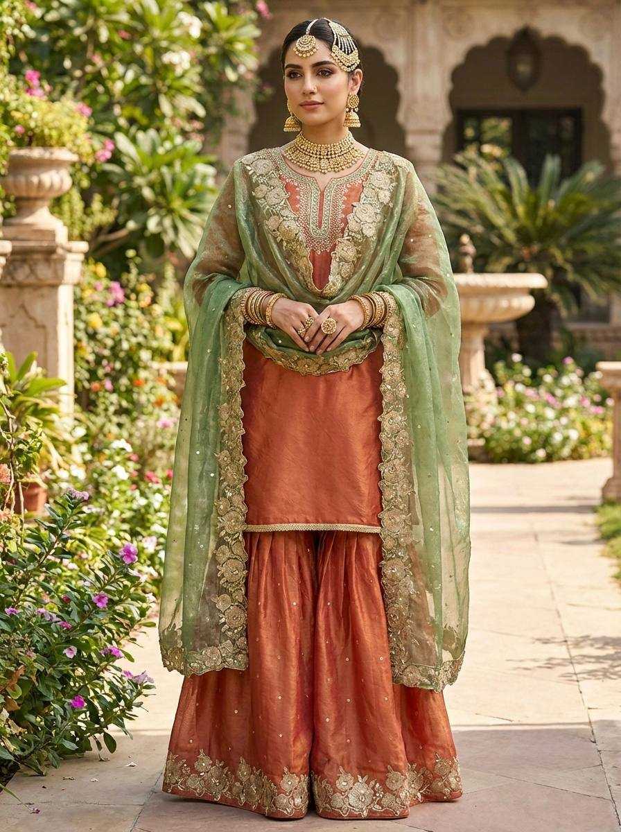 Fendy Silk Embroidery Sharara Suit | Real Thread Work & Micro Cotton Lining | 3-Piece Fully Stitched Ethnic Wear | M to XXL