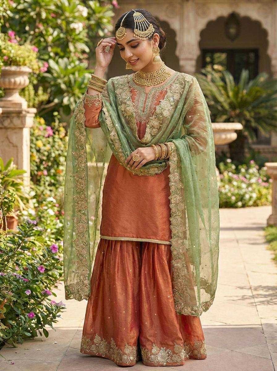 Fendy Silk Embroidery Sharara Suit | Real Thread Work & Micro Cotton Lining | 3-Piece Fully Stitched Ethnic Wear | M to XXL