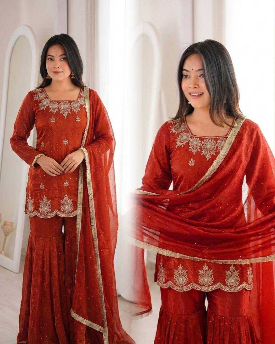 Fendy Silk Embroidery Sharara Salwar Suit | Lace Border Detail & Micro Cotton Lining | 3-Piece Fully Stitched Ethnic Wear | M to XXL